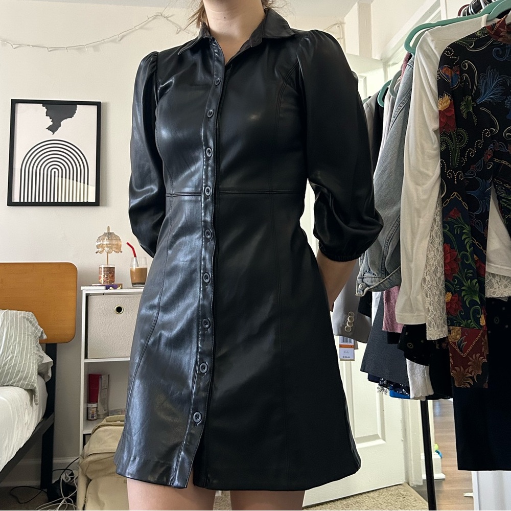 GAP Black Faux Leather Shirt Dress